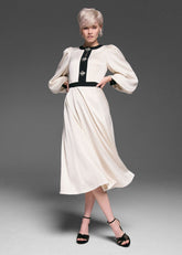Elizabeth Embellished Puff Sleeve Midi Dress - Black/Ivory