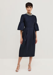 Audrey Jewelled Neck Navy Midi Dress - Navy