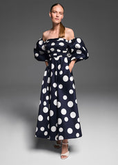 Marilyn Puff Sleeve Polka Dot Maxi Dress - Navy
