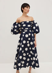Marilyn Puff Sleeve Polka Dot Maxi Dress - Navy