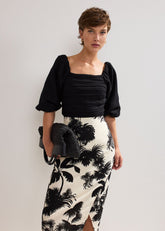 Vittoria Linen Blend Leaf Print Skirt - Black/Ivory