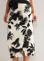 Vittoria Linen Blend Leaf Print Skirt - Black/Ivory