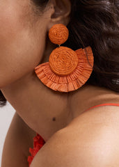 Raffia Fan Earrings - Orange