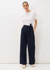 Aaliyah Navy Linen Wide Leg Trousers - Navy