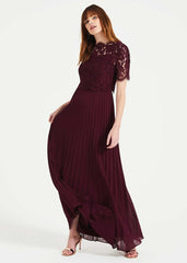 Elisabetta Lace Pleated Dress - Berry