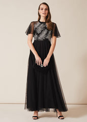 Loretta Feather Embroidered Dress - Black