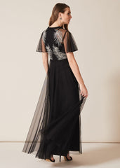 Loretta Feather Embroidered Dress - Black