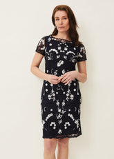 Floris Embroidered Shift Dress - Navy/Ivory