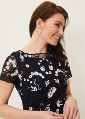 Floris Embroidered Shift Dress - Navy/Ivory