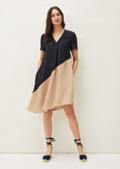 Doty Colourblock Linen-Blend Swing Dress - Navy/Stone