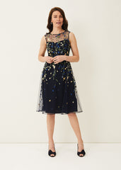 Esmeralda Embroidered Fit & Flare Dress - Navy/Multi