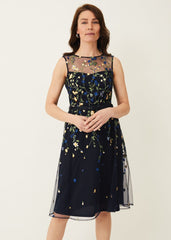 Esmeralda Embroidered Fit & Flare Dress - Navy/Multi