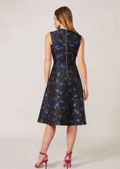 Ottilie Floral Jacquard Fit And Flare Dress - Black/Sapphire
