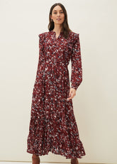 Helen Abstract Feather Print Midaxi Dress - Burgundy