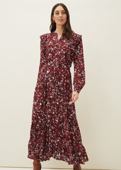 Helen Abstract Feather Print Midaxi Dress - Burgundy