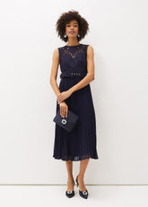 Amora Lace Bodice Pleated Dress - Navy