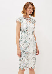 Floral Lace Overlay Pencil Dress - Ivory/Multi