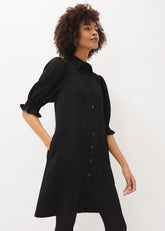 Button Down Puff Sleeve Midi Dress in Black - Black