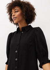 Button Down Puff Sleeve Midi Dress in Black - Black