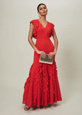 Scarlet Red Maxi Dress with Ruffled Sleeves & Skirt - Scarlet