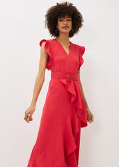 Phoebe Frill Belted Maxi Dress - Coral