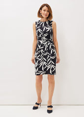Amber Leaf Print Fitted Jersey Dress - Navy/Ivory