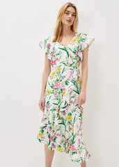 Evelin Printed Frill Hem Dress - Ivory/Multi
