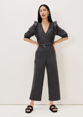 Flora Denim Frill Jumpsuit - Grey