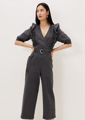 Flora Denim Frill Jumpsuit - Grey