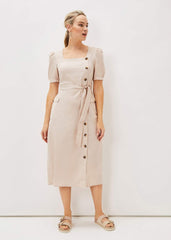 Elletta Square Neck Linen Dress - Stone