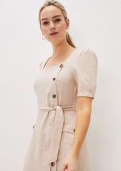 Elletta Square Neck Linen Dress - Stone