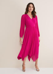 Magenta Pink Long Sleeve Pleated Midi Wrap Dress - Magenta Pink