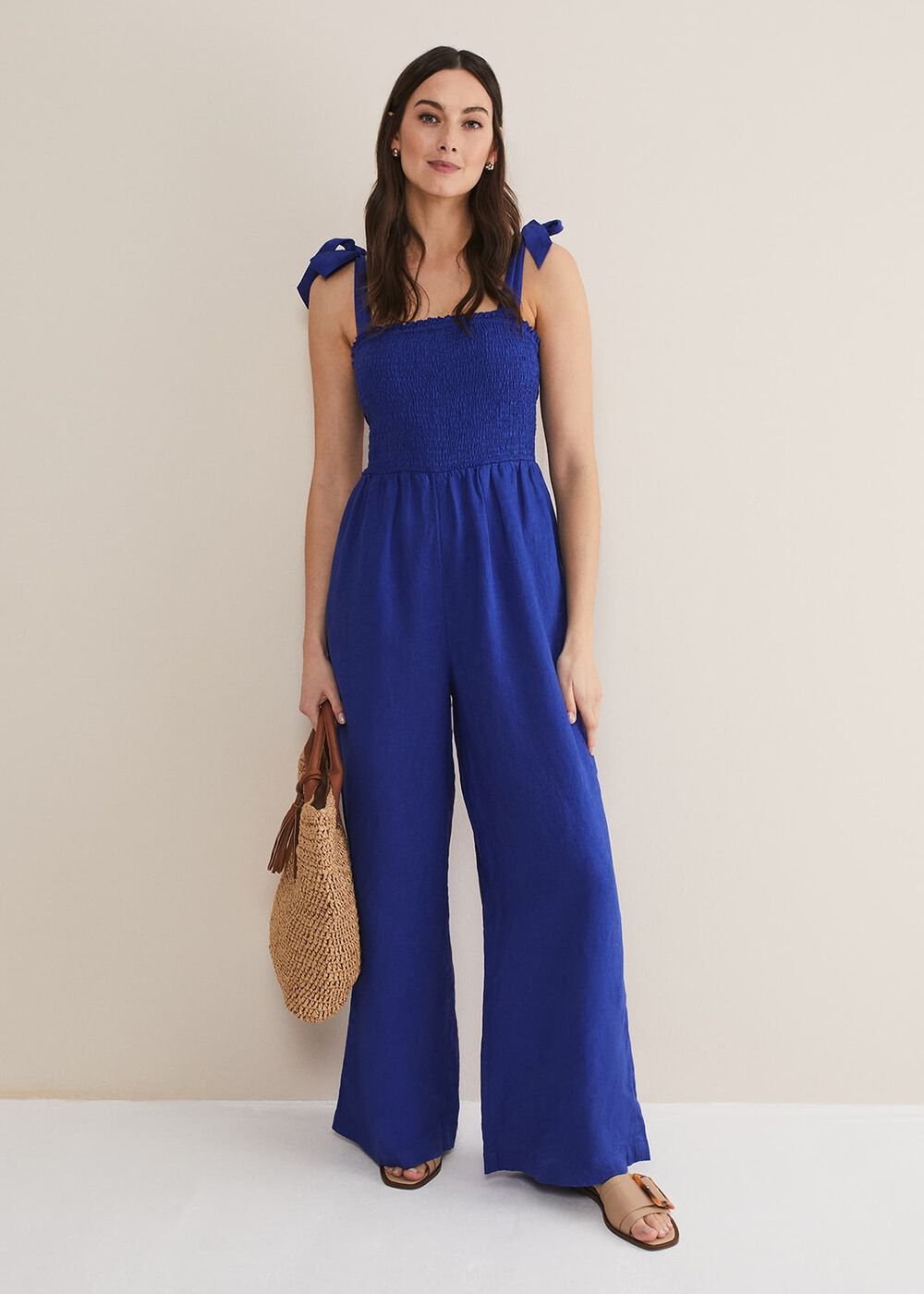 Ona Linen Shirred Wide Leg Jumpsuit - Cobalt
