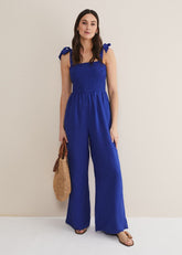 Ona Linen Shirred Wide Leg Jumpsuit - Cobalt
