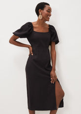 Effie Linen Puff Sleeve Dress - Black