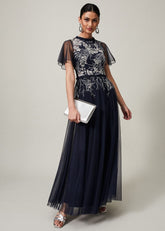 Zena Beaded Tulle Maxi Dress - Navy/Silver