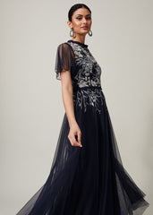 Zena Beaded Tulle Maxi Dress - Navy/Silver