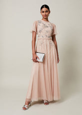 Zena Beaded Tulle Maxi Dress - Pale Pink/Silver