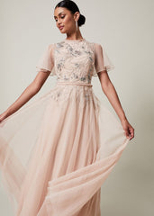 Zena Beaded Tulle Maxi Dress - Pale Pink/Silver