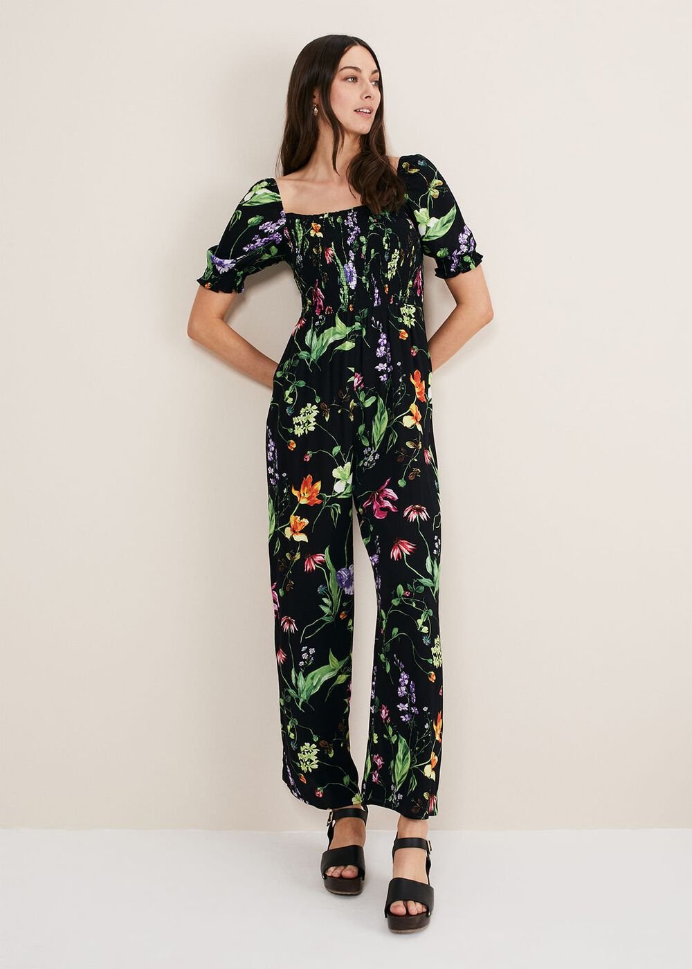 Zaylah Floral Shirred Waist Jumpsuit - Black