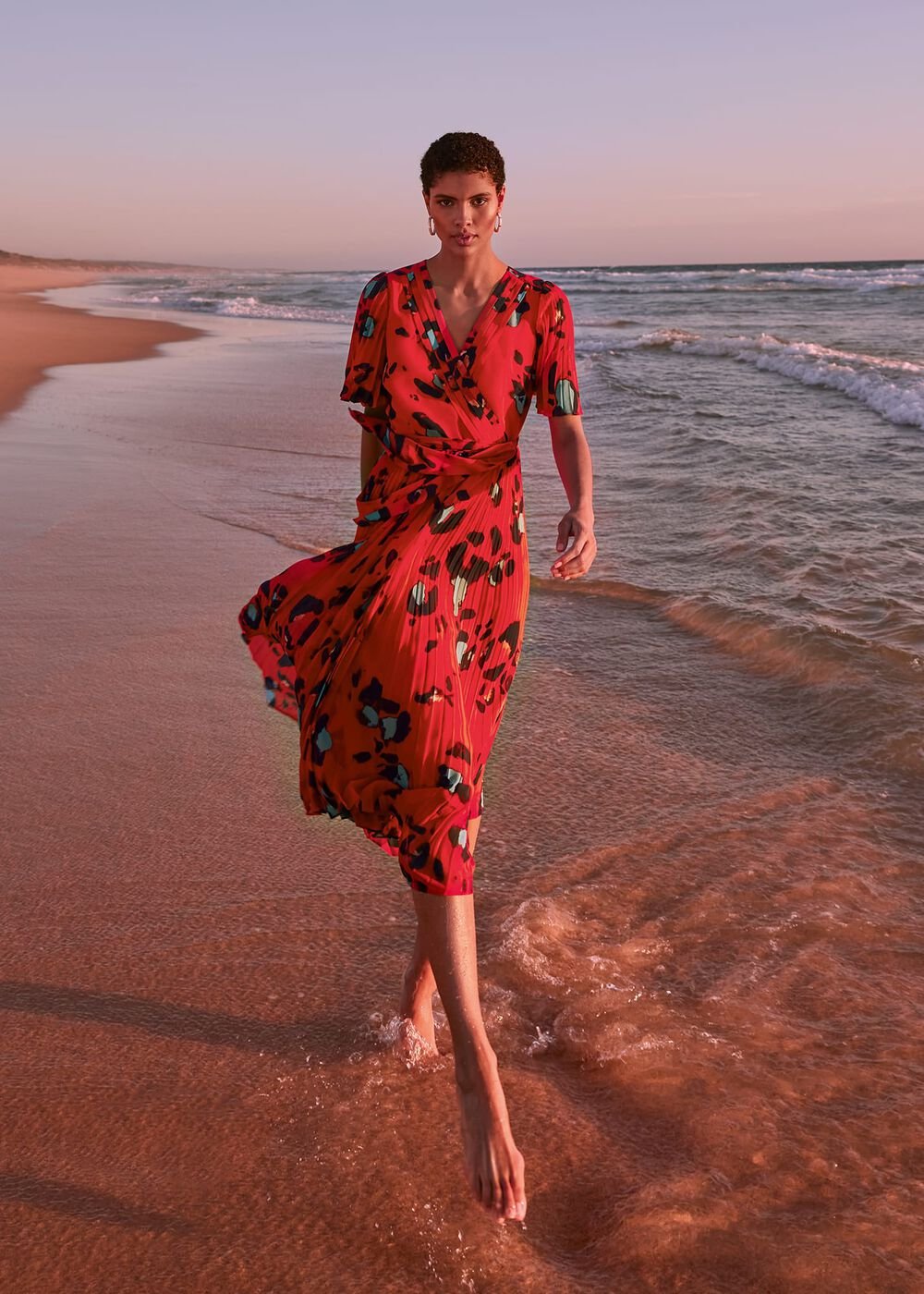 Kendall Butterfly Print Pleated Midi Dress - Vermillion/multi