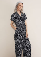 Paige Abstract Print Wide Leg Jumpsuit - Navy/Ivory