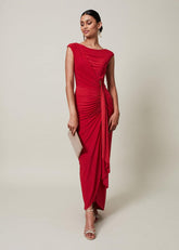 Red Asymmetrical Evening Gown with Ruched Detailing - Scarlet