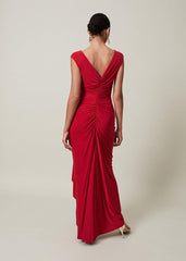 Red Asymmetrical Evening Gown with Ruched Detailing - Scarlet