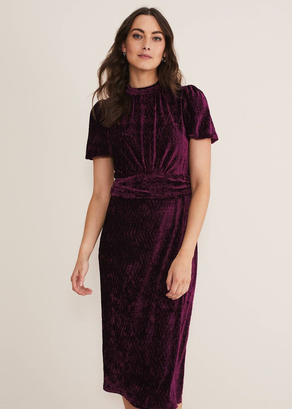 Kaylee Velvet Pleat Dress - BLUE/CAMEL/PINK