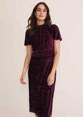 Kaylee Velvet Pleat Dress - BLUE/CAMEL/PINK