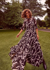 Amber Leaf Print Tiered Dress - Black/Blush