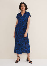 Mara Abstract Print Wrap Dress - Blue/Black