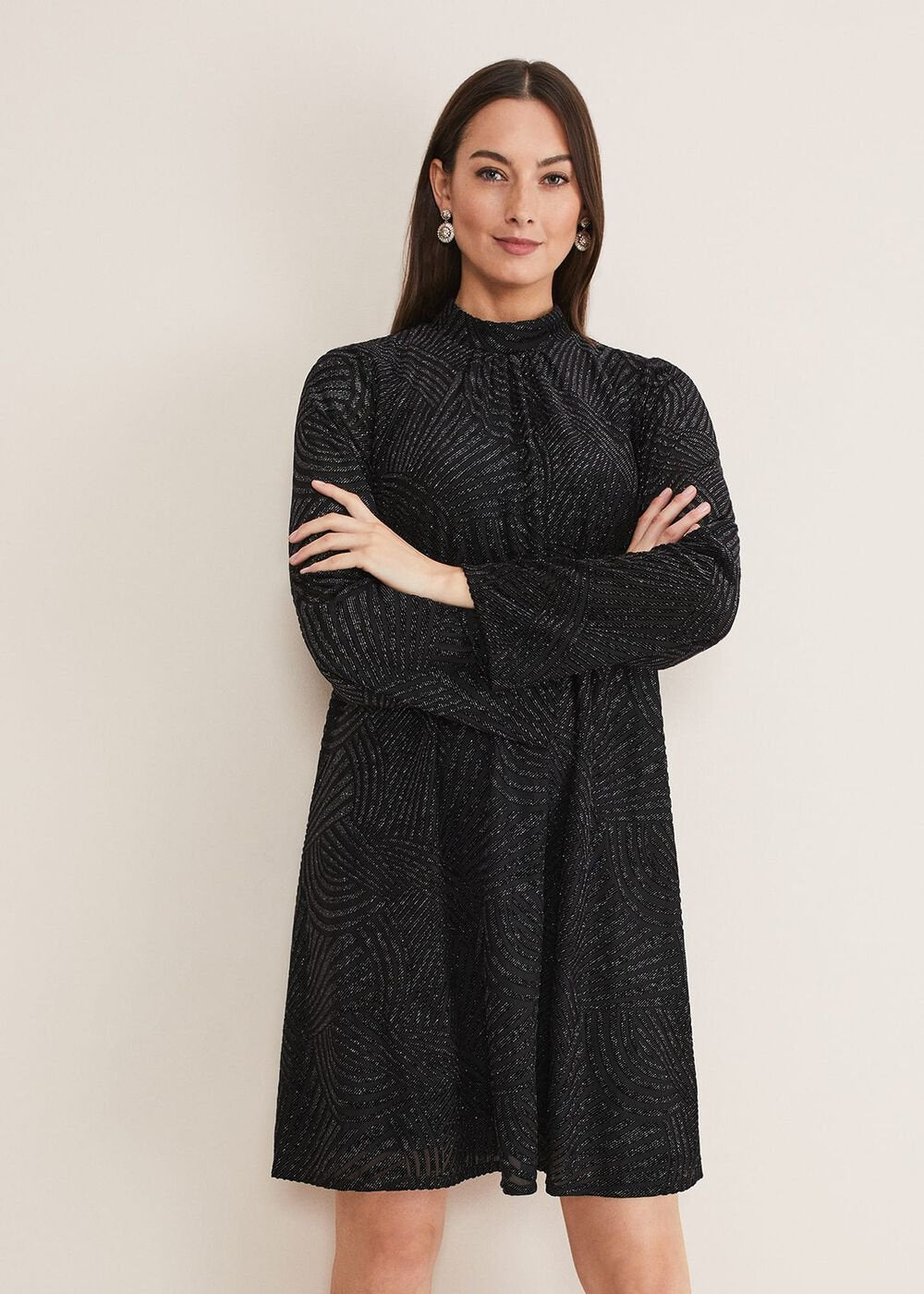 Kirsta Flock Velvet Swing Dress - Black