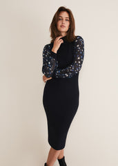 Elmina Woven Sleeve Star Knit Dress - Navy